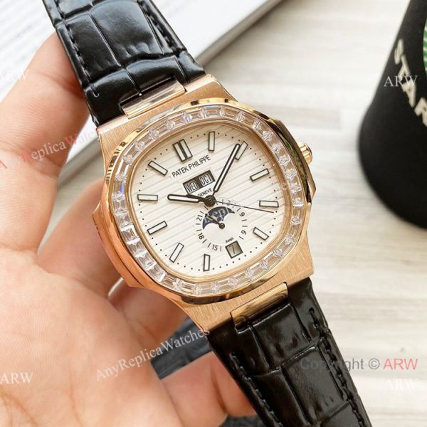 Clone Patek Philippe Annual Calendar Nautilus Watch Brown Leather Strap Diamond Bezel Clone Patek Philippe Annual Calendar Nautilus Watch Brown Leather Strap Diamond Bezel