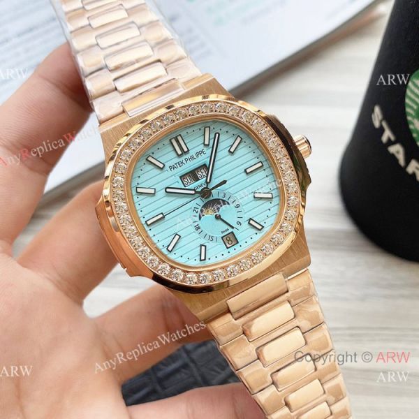 New Clone Patek Philippe Nautilus Annual Calendar Watch Baby Blue Face with Diamonds New Clone Patek Philippe Nautilus Annual Calendar Watch Baby Blue Face with Diamonds