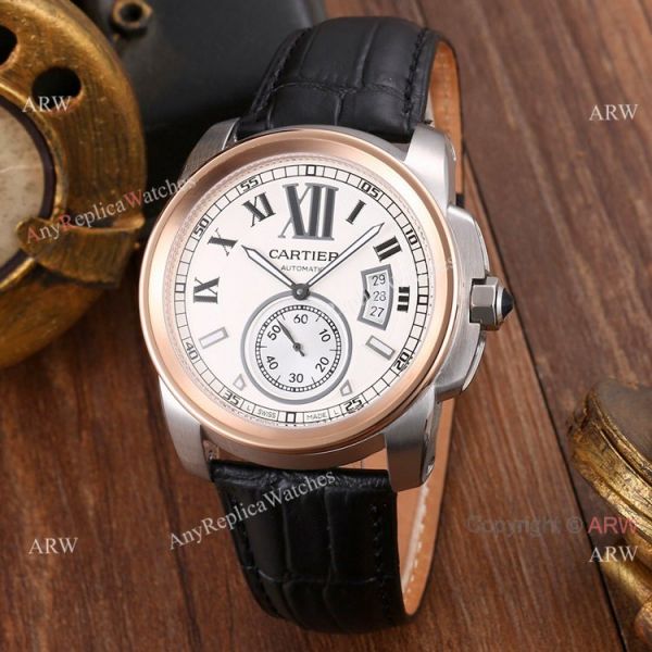 Replica Cartier Calibre de Cartier Men Watches SS Black Leather Strap Replica Cartier Calibre de Cartier Men Watches SS Black Leather Strap