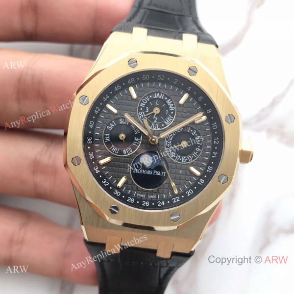 Audemars Piguet Royal Oak Perpetual Calendar Replica Moon Watch Black Leather Strap Audemars Piguet Royal Oak Perpetual Calendar Replica Moon Watch Black Leather Strap