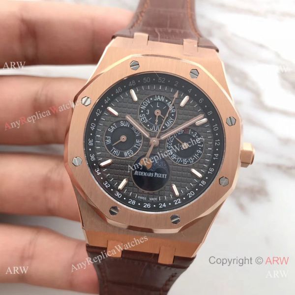 Audemars Piguet Royal Oak Perpetual Calendar Replica Watch Rose Gold Brown Leather Strap Audemars Piguet Royal Oak Perpetual Calendar Replica Watch Rose Gold Brown Leather Strap