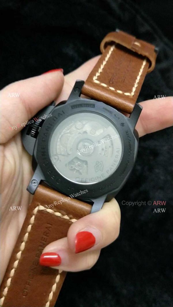 Clone Panerai Luminor GMT PAM 320 Black Steel Watch with Brown Leather Strap Clone Panerai Luminor GMT PAM 320 Black Steel Watch with Brown Leather Strap