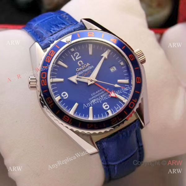 Copy Omega Seamaster GMT 45mm Watches SS Black Leather Strap Copy Omega Seamaster GMT 45mm Watches SS Black Leather Strap