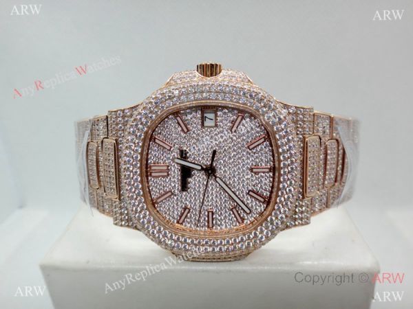 Highest Quality Patek Philippe 5719 Nautilus Jumbo Watch Rose Gold Full Diamond Highest Quality Patek Philippe 5719 Nautilus Jumbo Watch Rose Gold Full Diamond