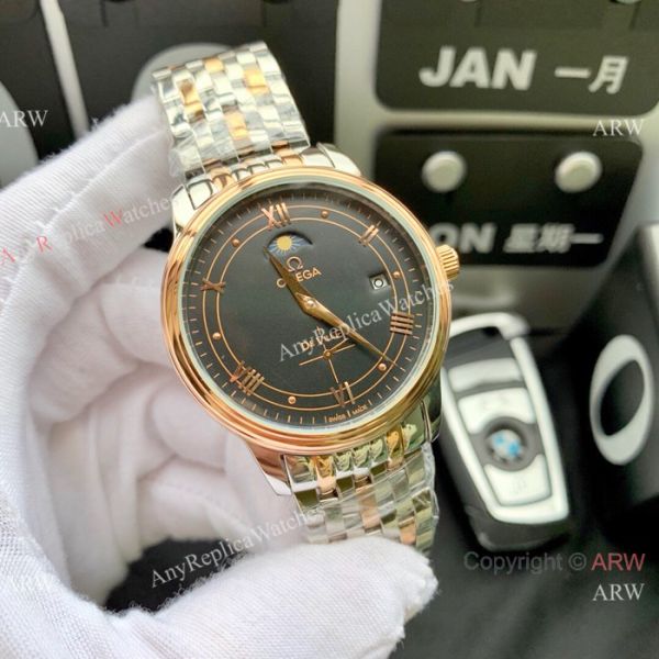 New Copy Omega De Ville Moon Phase 40mm Watches Stainless Steel Black Face New Copy Omega De Ville Moon Phase 40mm Watches Stainless Steel Black Face