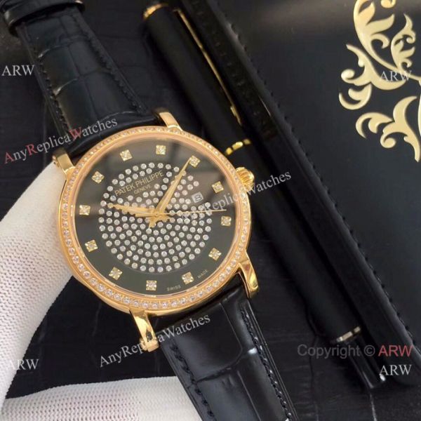 Patek Philippe Calatrava Diamond Watch SS Black Leather Band Patek Philippe Calatrava Diamond Watch SS Black Leather Band