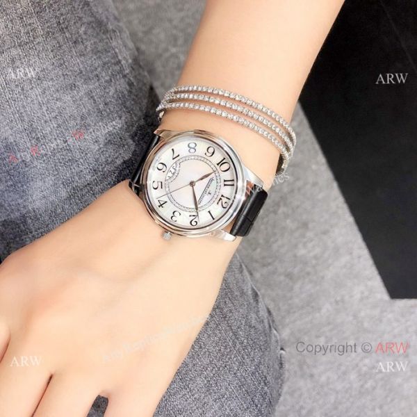 Replica Jaeger leCoultre Ladies Watch White MOP Dial Black Leather Band Replica Jaeger leCoultre Ladies Watch White MOP Dial Black Leather Band