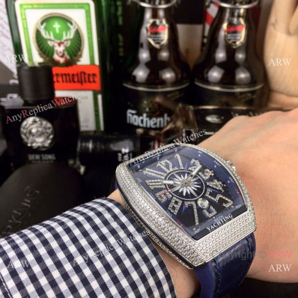 Swiss Copy Franck Muller Iced Out Rose Gold Blue Dial Watch Vanguard Yachting V45 Collection Swiss Copy Franck Muller Iced Out Rose Gold Blue Dial Watch Vanguard Yachting V45 Collection