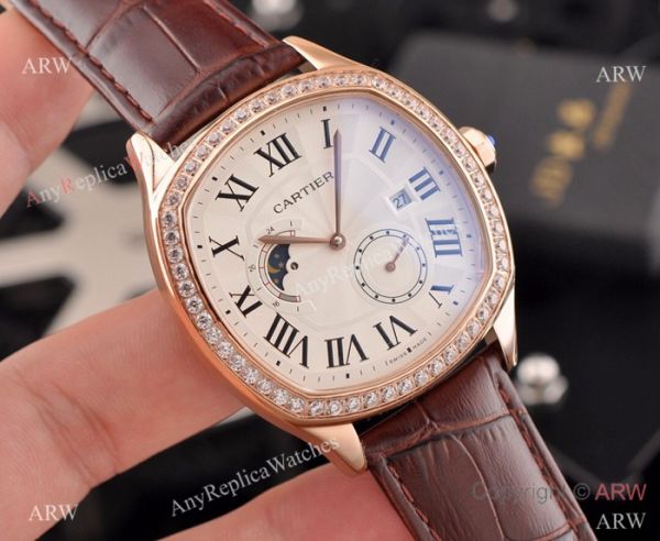 New Copy Cartier Drive de Moonphase Watch White Dial Black Leather Band New Copy Cartier Drive de Moonphase Watch White Dial Black Leather Band