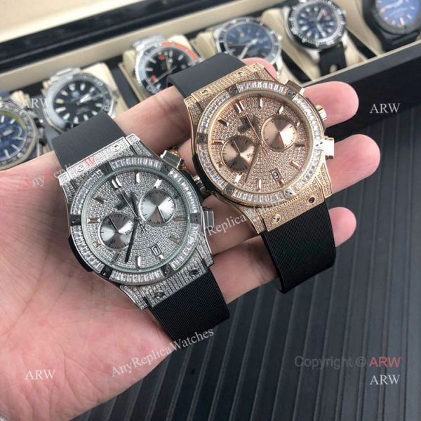 Iced Out Hublot Knock off Watches Classic Fusion SS Black Rubber Strap Iced Out Hublot Knock off Watches Classic Fusion SS Black Rubber Strap