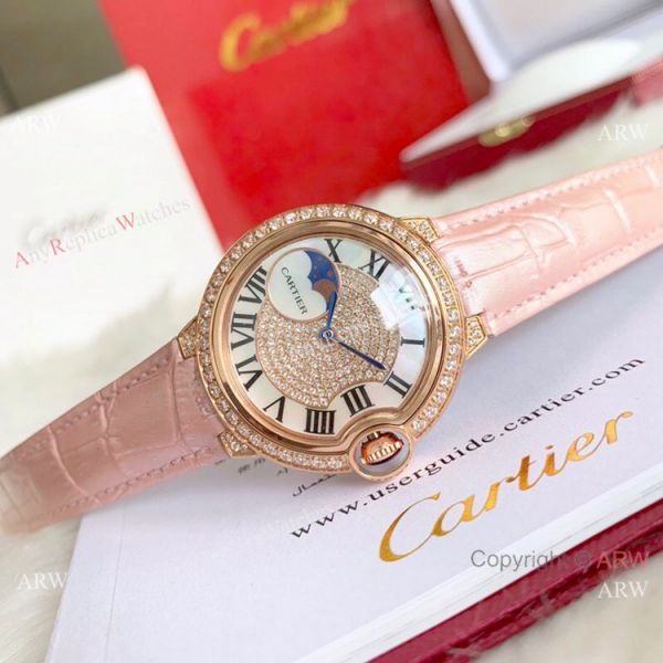 Ballon Bleu de Cartier 36mm Replica Watches Gold Diamond Green Leather Band Ballon Bleu de Cartier 36mm Replica Watches Gold Diamond Green Leather Band