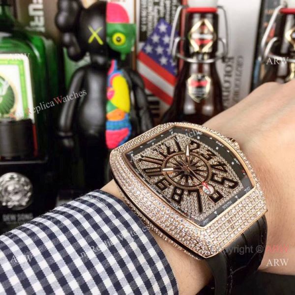 Swiss Quality Franck Muller Vanguard Yachting v45 Watch Rose Gold Diamond Blue Gummy strap Swiss Quality Franck Muller Vanguard Yachting v45 Watch Rose Gold Diamond Blue Gummy strap