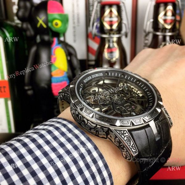 Copy Roger Dubuis Excalibur 46 Skeleton Men Watch SS Black Leather Strap Copy Roger Dubuis Excalibur 46 Skeleton Men Watch SS Black Leather Strap
