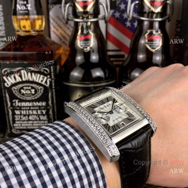 New Copy Cartier Tank Francaise watch SS Diamond Black Leather Band New Copy Cartier Tank Francaise watch SS Diamond Black Leather Band