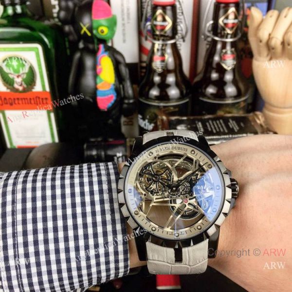 Copy Roger Dubuis Excalibur Flying Tourbillon Watches SS Gray Leather Strap Copy Roger Dubuis Excalibur Flying Tourbillon Watches SS Gray Leather Strap