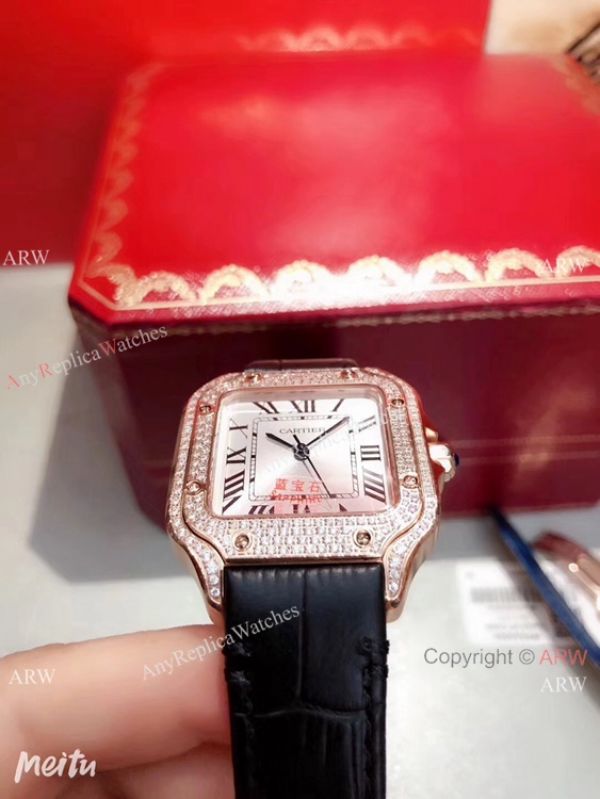 New Cartier Santos 100 Diamond Replica Watch Rose Gold Brown Leather Strap New Cartier Santos 100 Diamond Replica Watch Rose Gold Brown Leather Strap