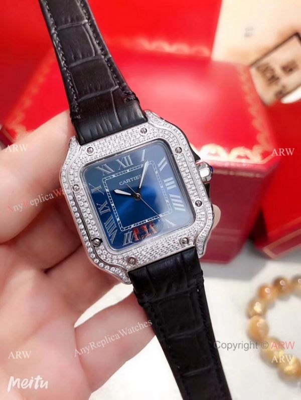 Cartier Santos 100 Diamond Replica Watch SS Diamond Case Blue Leather Strap Cartier Santos 100 Diamond Replica Watch SS Diamond Case Blue Leather Strap