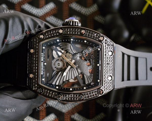 Limited Richard Mille Eagle Copy Watch With Silver Diamonds Black Rubber Band For Men Limited Richard Mille Eagle Copy Watch With Silver Diamonds Black Rubber Band For Men
