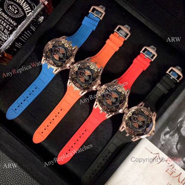 Copy Roger Dubuis Excalibur Quatuor Men Watches Red Rubber Strap Rose Gold Case Copy Roger Dubuis Excalibur Quatuor Men Watches Red Rubber Strap Rose Gold Case
