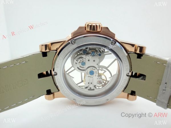 Copy Roger Dubuis Excalibur Flying Tourbillon Watch Rose Gold Gray Leather Strap Copy Roger Dubuis Excalibur Flying Tourbillon Watch Rose Gold Gray Leather Strap