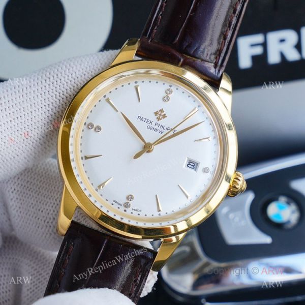 New Patek Philippe Calatrava Replica Watch Gold Dial With Brown Leather Band New Patek Philippe Calatrava Replica Watch Gold Dial With Brown Leather Band