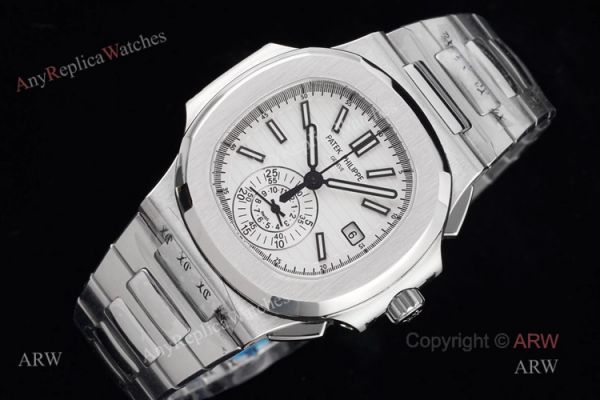 New Swiss Replica Patek Philippe Nautilus Silver Case White Dial Chronograph Watch New Swiss Replica Patek Philippe Nautilus Silver Case White Dial Chronograph Watch