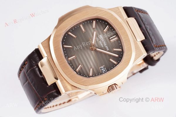 Swiss Patek Philippe Nautilus Rose Gold Grey Dial Brown Leather Strap Replica Watch Swiss Patek Philippe Nautilus Rose Gold Grey Dial Brown Leather Strap Replica Watch