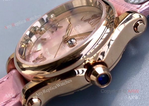 Replica Chopard Happy Sport Diamond Watch With Pink Mop Dial Pink Leather Strap Replica Chopard Happy Sport Diamond Watch With Pink Mop Dial Pink Leather Strap