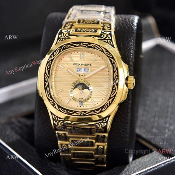 Clone Patek Philippe Annual Calendar Watches Yellow Gold Engraving Blue Dial Clone Patek Philippe Annual Calendar Watches Yellow Gold Engraving Blue Dial