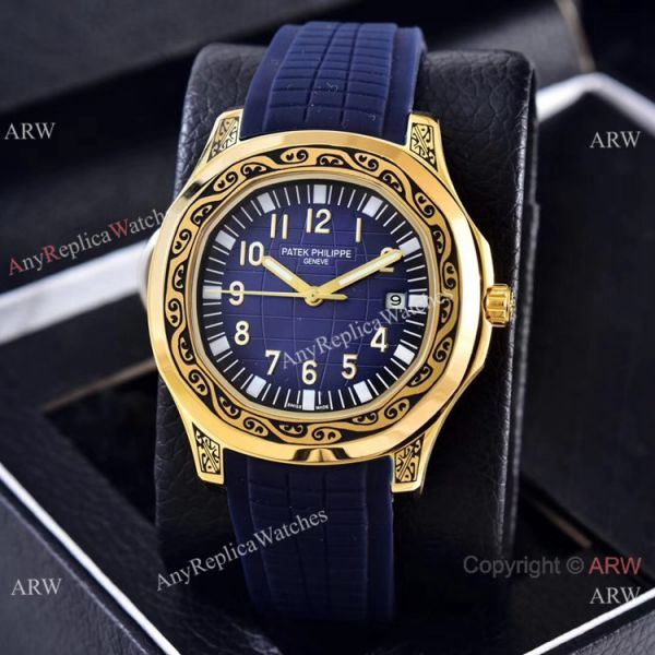 Clone Patek Philippe Aquanaut Engraving Watches Gold and Brown Rubber Strap Clone Patek Philippe Aquanaut Engraving Watches Gold and Brown Rubber Strap