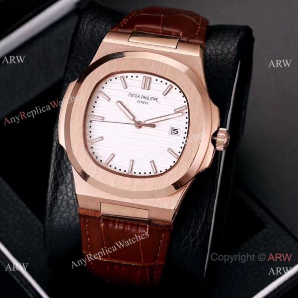 Best Copy Patek Philippe Nautilus 40mm Watches Rose Gold Brown Leather Band Best Copy Patek Philippe Nautilus 40mm Watches Rose Gold Brown Leather Band