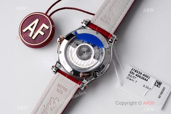 AF Factory 1:1 Replica Chopard Happy Sport 36mm Watch Rose Gold Bezel Red Leather Strap AF Factory 1:1 Replica Chopard Happy Sport 36mm Watch Rose Gold Bezel Red Leather Strap