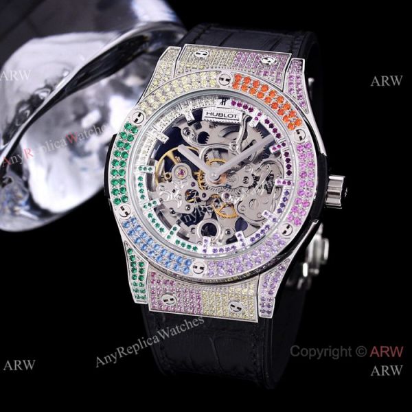 Replica Skeleton Hublot Rainbow Watch Rose Gold 45mm With Brown Leather Strap Replica Skeleton Hublot Rainbow Watch Rose Gold 45mm With Brown Leather Strap