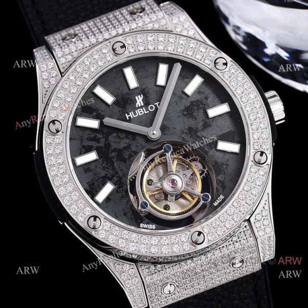 Best Replica Hublot Full Diamond Watch Rose Gold Black Dial Black Leather Strap Best Replica Hublot Full Diamond Watch Rose Gold Black Dial Black Leather Strap