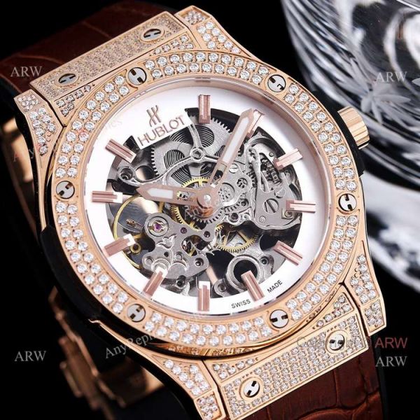 45mm Hublot Big Bang Rose Gold Skeleton Watch With Diamonds For Mens Replica 45mm Hublot Big Bang Rose Gold Skeleton Watch With Diamonds For Mens Replica