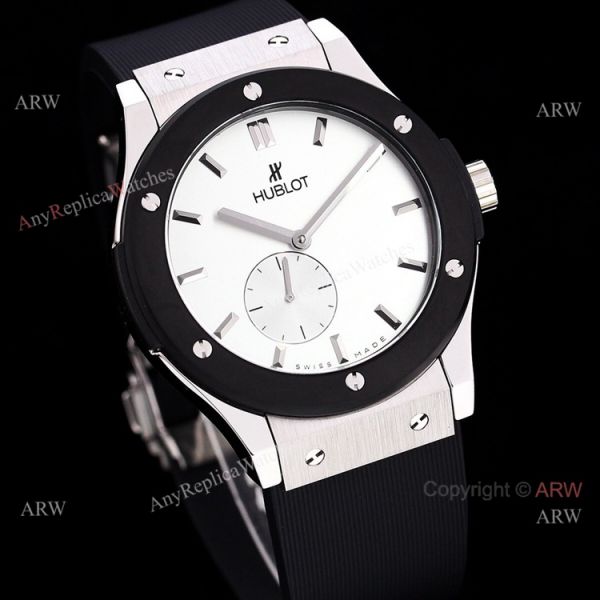 Stainless Steel Hublot Classic Fusion 42mm White Dial White Leather Strap Watch Replica Stainless Steel Hublot Classic Fusion 42mm White Dial White Leather Strap Watch Replica