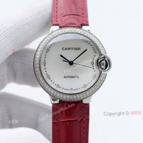 Swiss Quality Knockoff Cartier Ballon Bleu 36mm Automatic Watch With Diamond Bezel Black Leather Strap Swiss Quality Knockoff Cartier Ballon Bleu 36mm Automatic Watch With Diamond Bezel Black Leather Strap