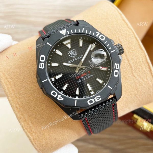 Tag Heuer Aquaracer Calibre 5 White Face 44 Replica Watch Black Steel Black Leather Strap Tag Heuer Aquaracer Calibre 5 White Face 44 Replica Watch Black Steel Black Leather Strap