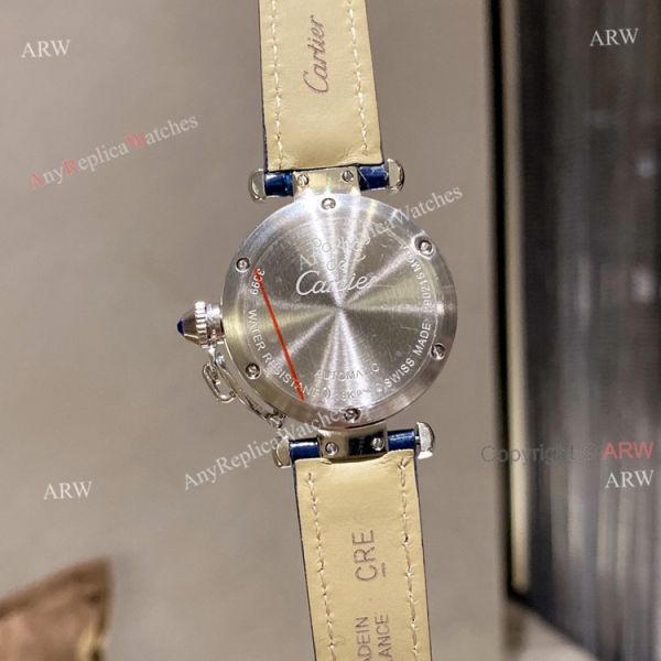 New Pasha De Cartier Watch 35mm white face blue leather strap replica New Pasha De Cartier Watch 35mm white face blue leather strap replica