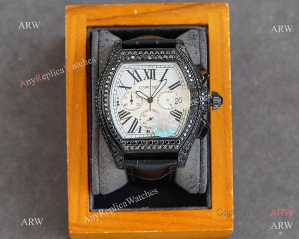 Iced Out Cartier Roadster All Black Watches Leather Strap Iced Out Cartier Roadster All Black Watches Leather Strap