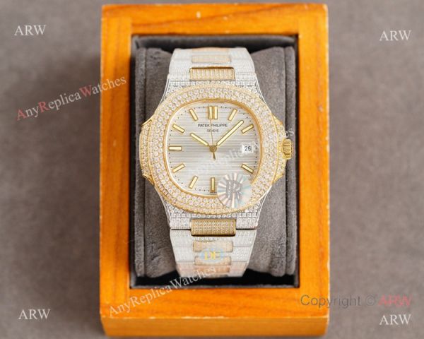 Swiss Replica Patek Philippe Nautilus 9015 Ultra-thin Watch Two Tone Iced Out Case Swiss Replica Patek Philippe Nautilus 9015 Ultra-thin Watch Two Tone Iced Out Case