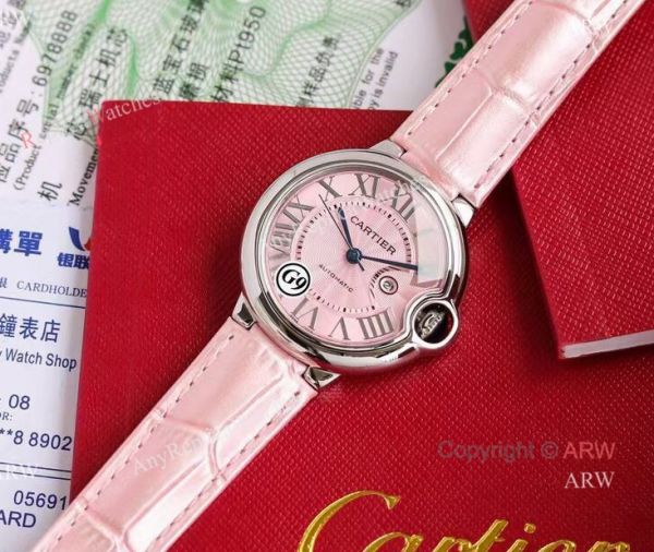 Copy Balloon Blue Cartier Wave Pink Dial V6 Watch with Pink Leather Strap Copy Balloon Blue Cartier Wave Pink Dial V6 Watch with Pink Leather Strap
