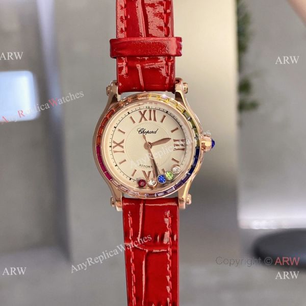 Replica Chopard Happy Sport Quartz 30mm Watch Rainbow bezel Rose Gold Replica Chopard Happy Sport Quartz 30mm Watch Rainbow bezel Rose Gold