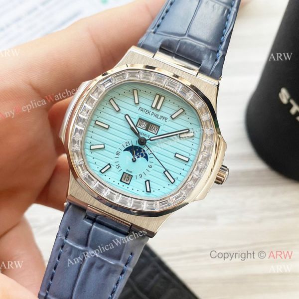 New Clone Patek Philippe Nautilus Annual Calendar Watch Baby Blue Face with Diamonds New Clone Patek Philippe Nautilus Annual Calendar Watch Baby Blue Face with Diamonds