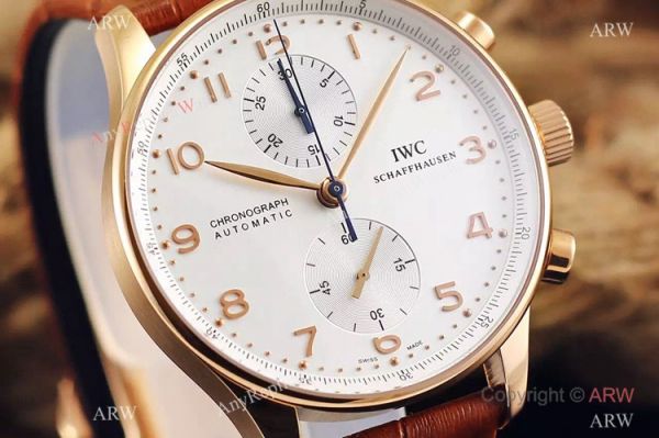 Fake IWC Portuguese Rose Gold Chronograph Watch Black Leather Band Fake IWC Portuguese Rose Gold Chronograph Watch Black Leather Band