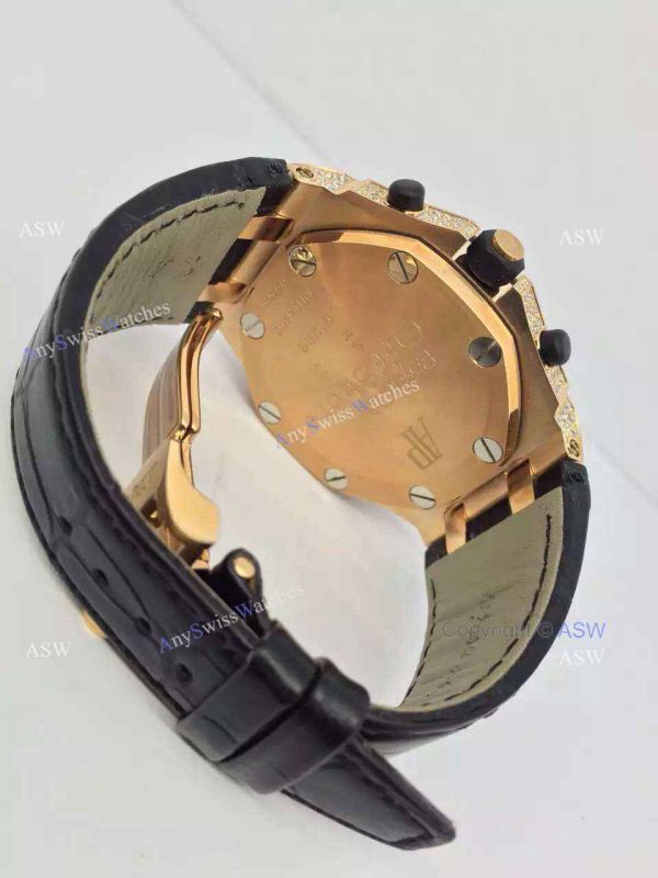 Replica Audemars Piguet Watch Rose Gold Case diamond dial diamond bezel Black Leather Replica Audemars Piguet Watch Rose Gold Case diamond dial diamond bezel Black Leather