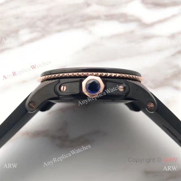 Swiss Fake Calibre De Cartier Diver watch Black PVD Case Rose Gold Fluted Bezel Swiss Fake Calibre De Cartier Diver watch Black PVD Case Rose Gold Fluted Bezel