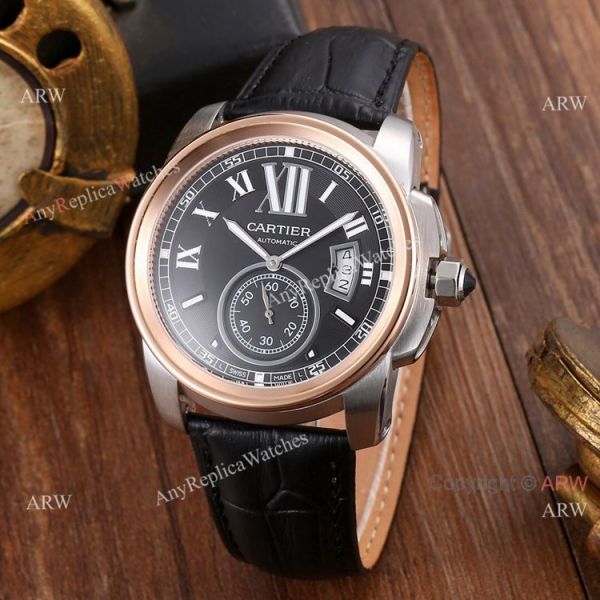 Replica Cartier Calibre de Cartier Men Watches SS Black Leather Strap Replica Cartier Calibre de Cartier Men Watches SS Black Leather Strap