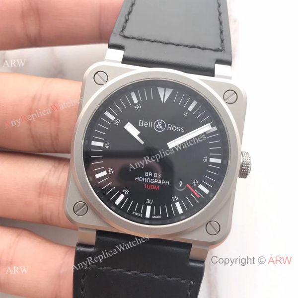 Swiss Fake Bell Ross BR03 100M Frosted Case watch Black Leather Band Swiss Fake Bell Ross BR03 100M Frosted Case watch Black Leather Band