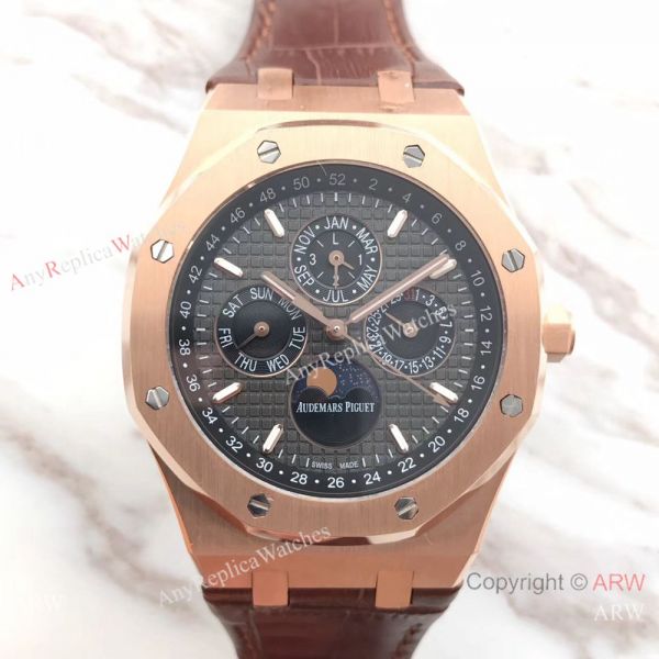 Audemars Piguet Royal Oak Perpetual Calendar Replica Watch Rose Gold Brown Leather Strap Audemars Piguet Royal Oak Perpetual Calendar Replica Watch Rose Gold Brown Leather Strap